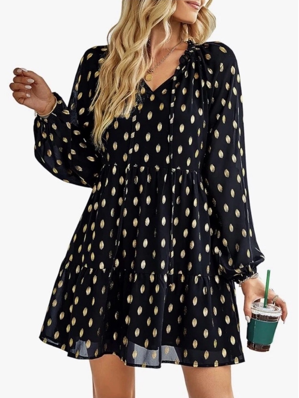 Kirundo Women's Long Sleeve V Neck Ruffle Polka Dot Swing Dress